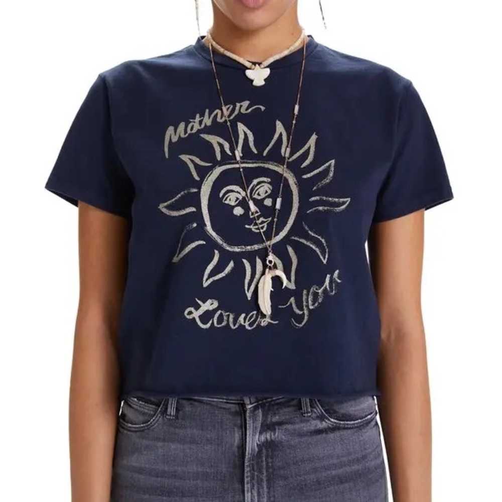 MOTHER Navy Graphic Sun Cropped Tee with Metallic Print
